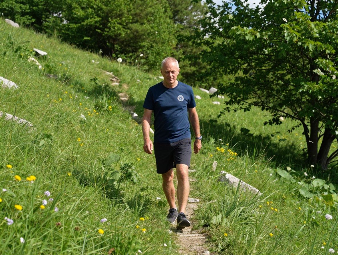 Muškarac srednje dobi koji hoda po prostranoj planinskoj stazi u jutarnjim satima, okružen niskim raslinjem i dalekim planinama, naglasak je na osjećaju slobode i kretanja u prirodnom ambijentu, meko jutarnje svjetlo
