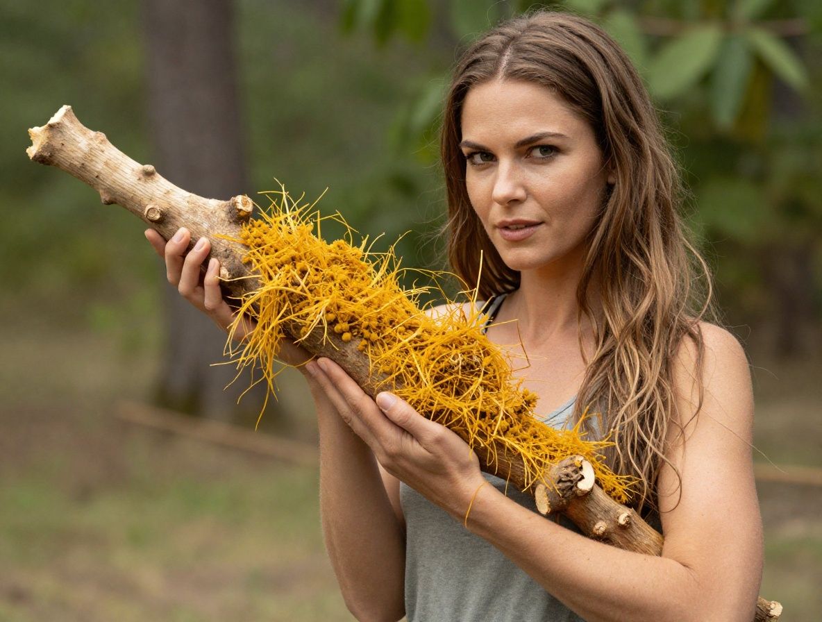 Biljka ashwagandha s malim crvenim plodovima i zelenim listovima u prirodnom okruženju, suhi korijen u prahu na prirodnoj podlozi, toplo jutarnje svjetlo